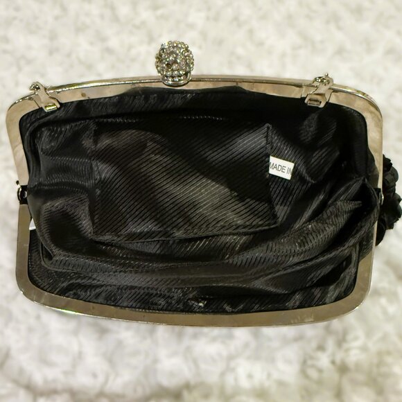 Elegant Rosette Floral Evening Clutch Bag Polyester Kiss Lock Closure Black - Picture 3 of 9